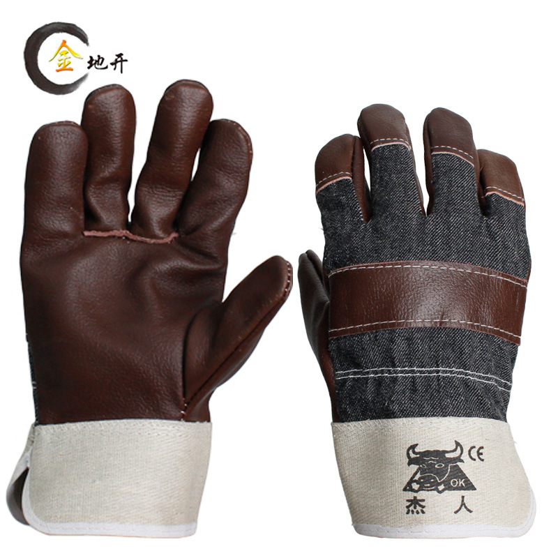【杰人】头层全掌电焊手套 黄布 牛仔布 头层牛皮真皮焊工 耐磨