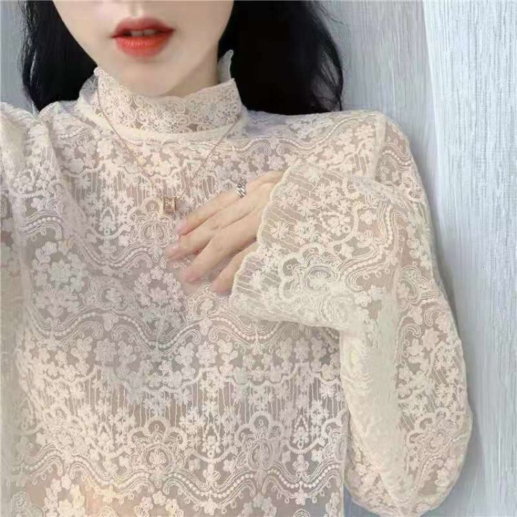 Full of details ~ exquisite small stand collar lace crochet shirt shirt Women's inner partner base shirt