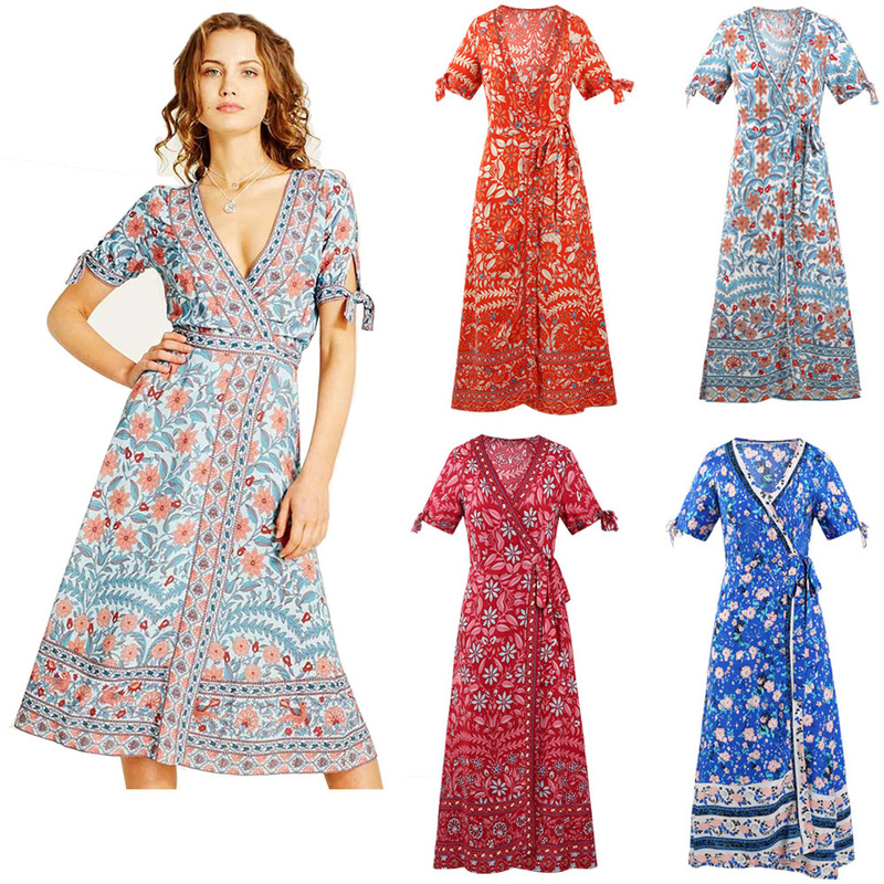 Cross-border Hot Sale Bohemian Holiday Beach Dress Positioning Printed Long Dress Cross-border dress Factory ebay