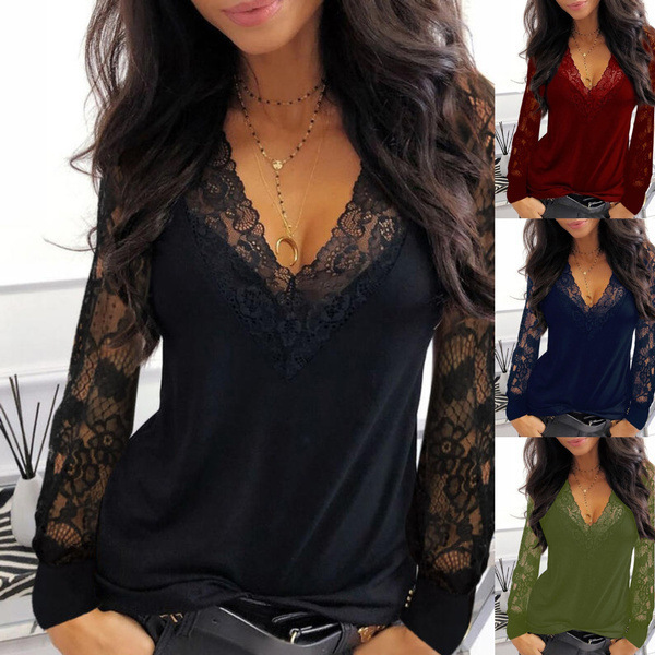 2024 Autum New Cross-Border Export European and American Clothing Supply Lace Splicing V Neck See-Through Long-Sleeved T-Shirt