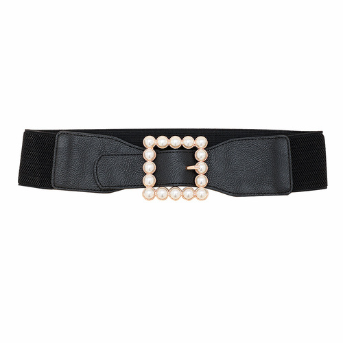 Autumn and winter new wide belt women's belt pearl buckle inlaid black retro girdle fashionable decorative suit