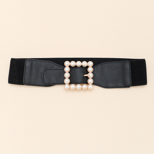 Autumn and winter new wide belt women's belt pearl buckle inlaid black retro girdle fashionable decorative suit