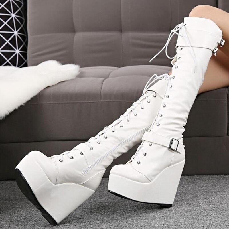 2020 Winter New Style High-Top Ultra-High Wedge Heel Round-Toe Platform Women's Boots