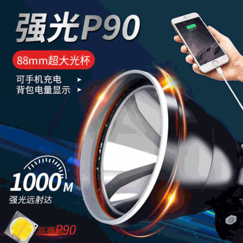 Strong light USB electric display headlight high power rechargeable outdoor searchlight miner's light white light yellow light blue light led fishing light