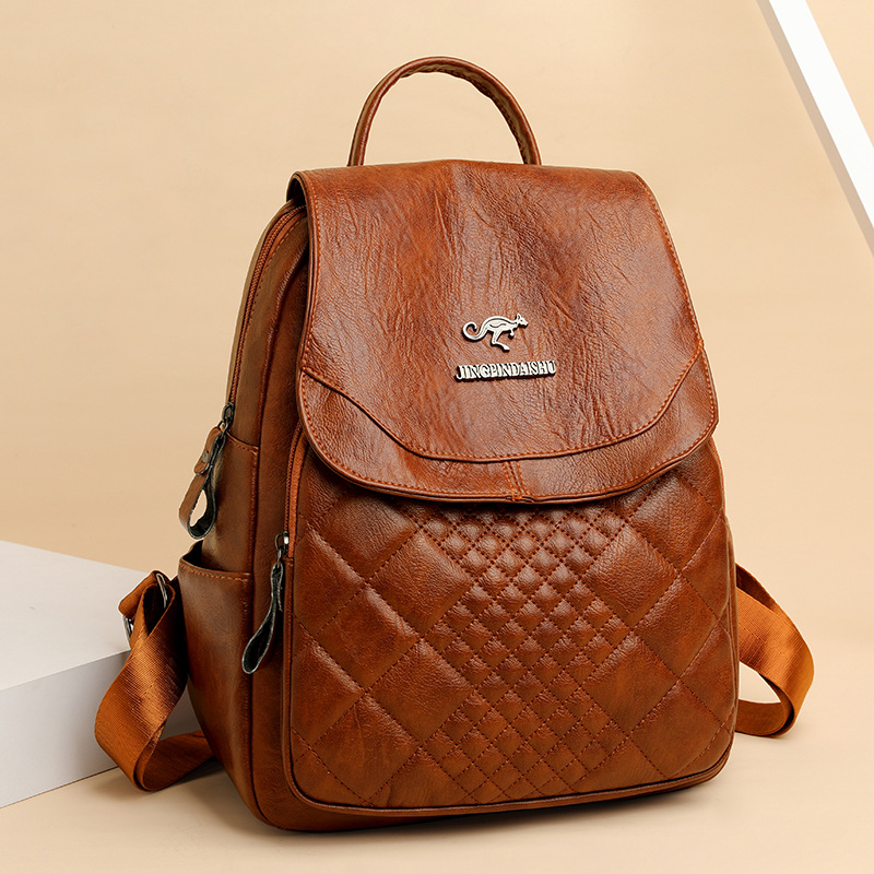 Bolso grande con textura de cuero suave 2021 nuevo europeo y americano retro rombo casual gran capacidad viaje temperamento mochila para mujeres