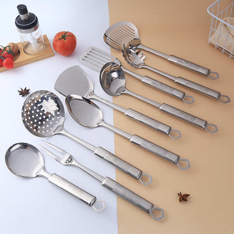 201不锈钢厨具套装镜面抛光锅铲漏勺炒菜烹饪耐高温防烫厂家定制