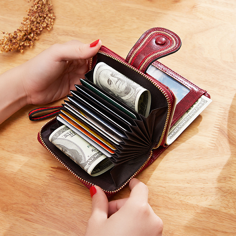 Women Wallet Cross-border Retro Oil Wax Leather European and American Multi-card Organ Card Bag Zipper Short Women's Wallet