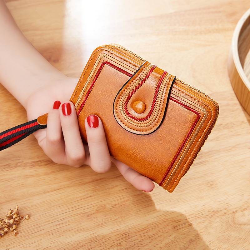 Women Wallet Cross-border Retro Oil Wax Leather European and American Multi-card Organ Card Bag Zipper Short Women's Wallet