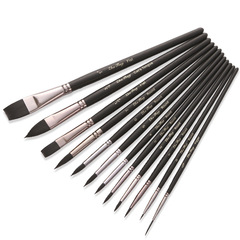 Set of 12 black nylon hair brushes with black PVC handles, packed in a soft PVC bag, oil painting brush set for art supply wholesale