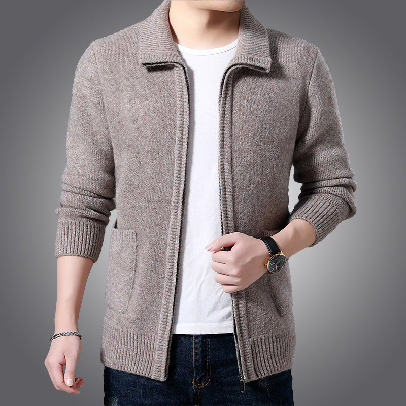 Autumn and Winter middle-aged men's wool zipper cardigan alpaca sweater stand collar sweater thickened coat