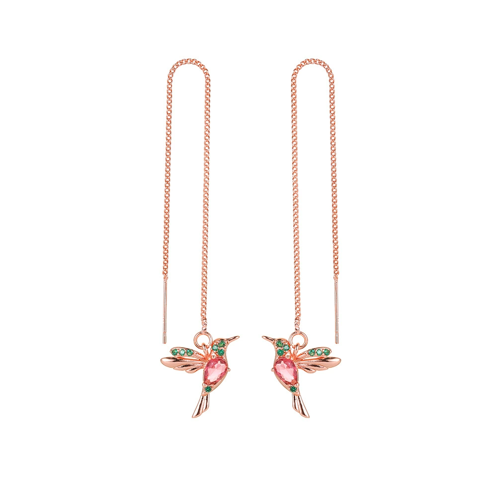 Long Hummingbird Drop Earrings, delicate chain, multi-color plated, 6.16 cm