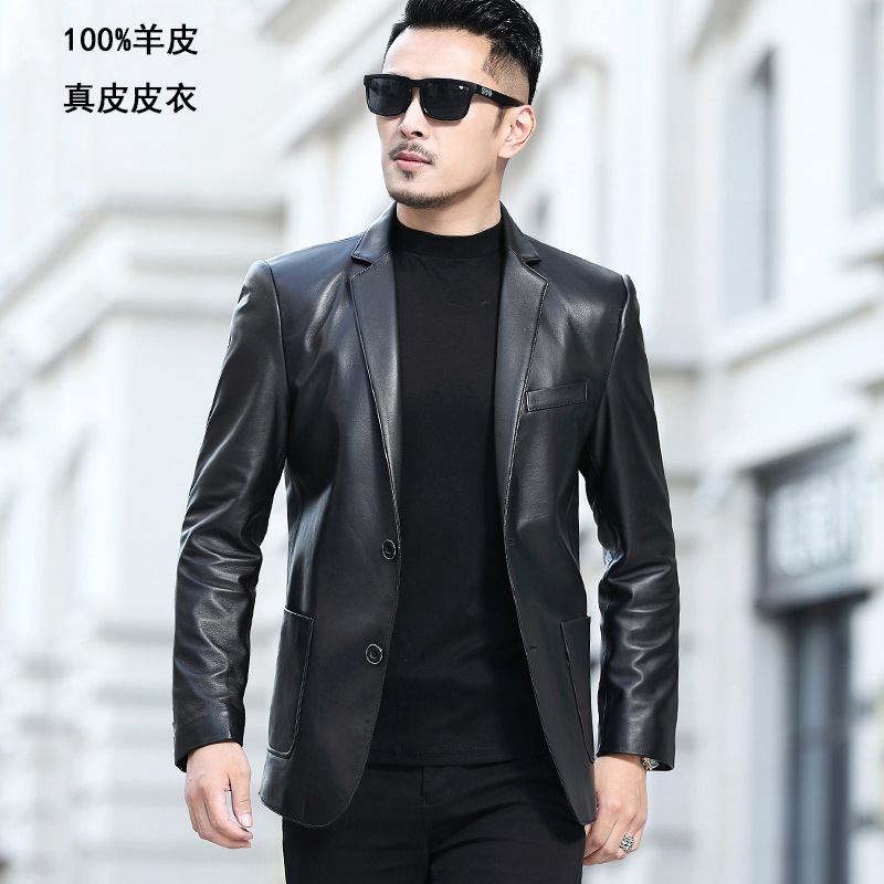 Customized New Haining Goatskin Genuine Leather Jacket Men's Short Leather Suit Jacket Slim Business Casual Suit