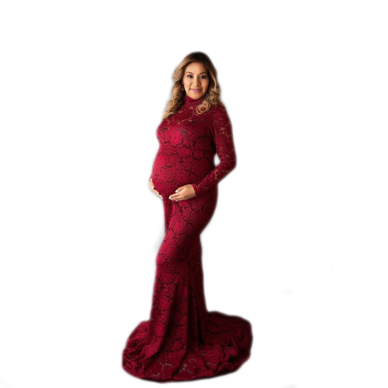 European and American Women's Lace Long Sleeve Pregnant Women's High Collar Trailing Dress Photography Autumn and Winter Trailing Dress 1122 European and American Women's Lace Long Sleeve Pregnant Women's High Collar Trailing Dress Photography Autumn and Winter Trailing Dress 1122