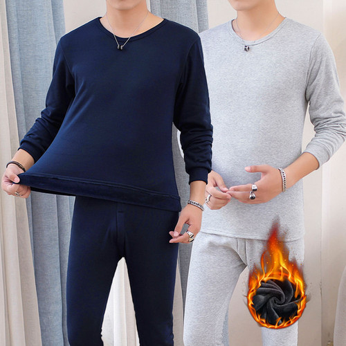 Men's Warm Thermal Innerwear Set with Fleece and Thick Padding Autumn/Winter Youth Large Size Cold-Proof Top and Bottom Set