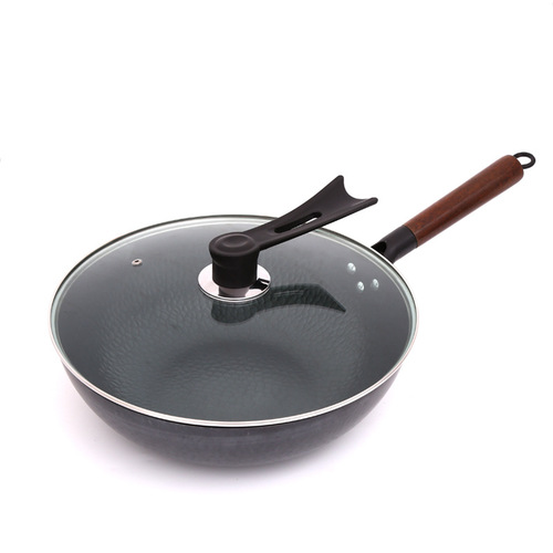 Zhangqiu forged iron pot, wood lid, wok with uncoated wooden handle, iron pot, round-bottomed restaurant wok manufacturer wholesale