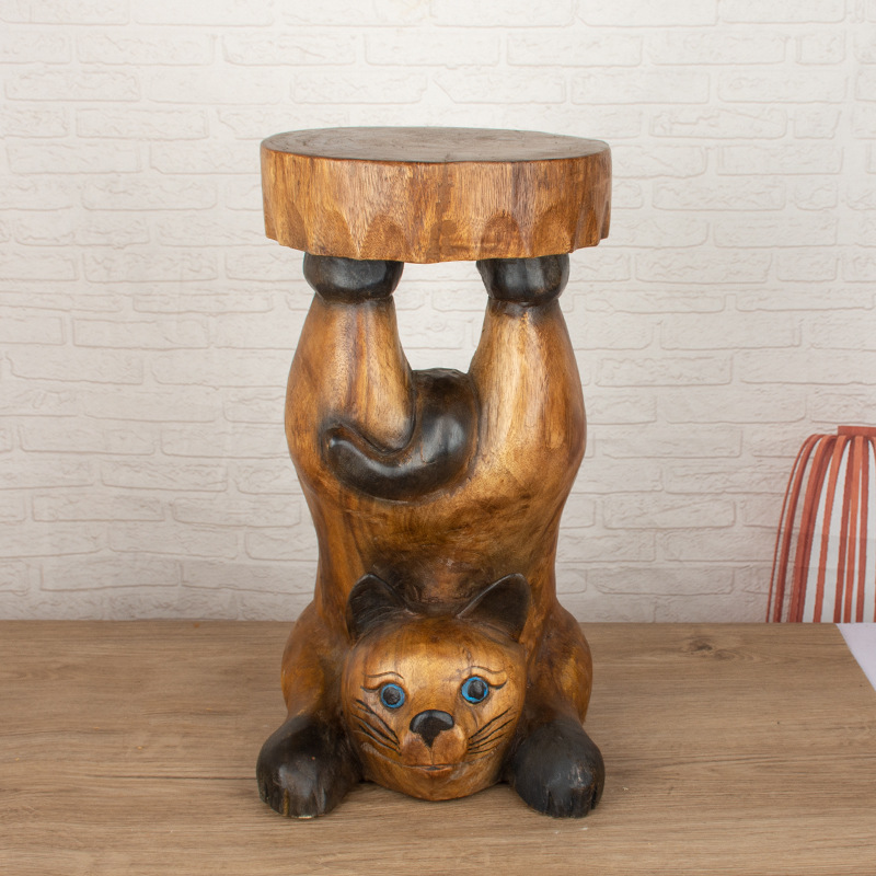 泰国木雕凳子 东南亚实木倒立猫凳创意家居换鞋凳装饰花架花几