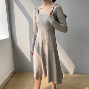 Jiazi Loose-Fitting Slimming Maternity Dress Square Neck Long-Sleeved Solid Color Autumn and Winter Elegant Dress B8101