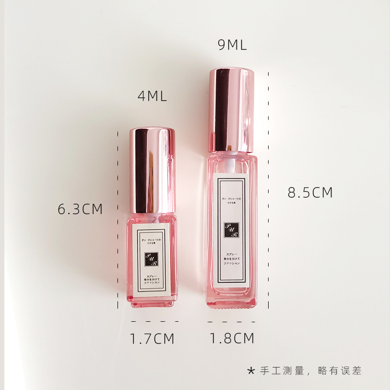 En stock botella de perfume de vidrio botella de spray cosmético transparente perfume sub-botella cuadrada de oro rosa boquilla de aluminio botella vacía