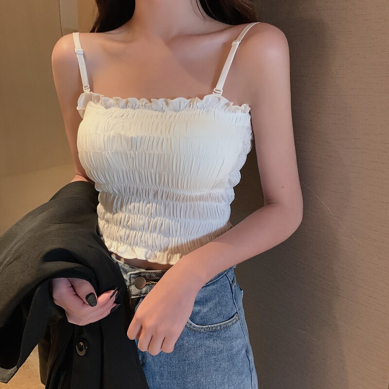 Internet-famous Pleated Camisole with Wood-ear Edge Underwear Belt Chest Pad Outer Wear Tube Top Sexy Beautiful Back Short Base Wrap Chest
