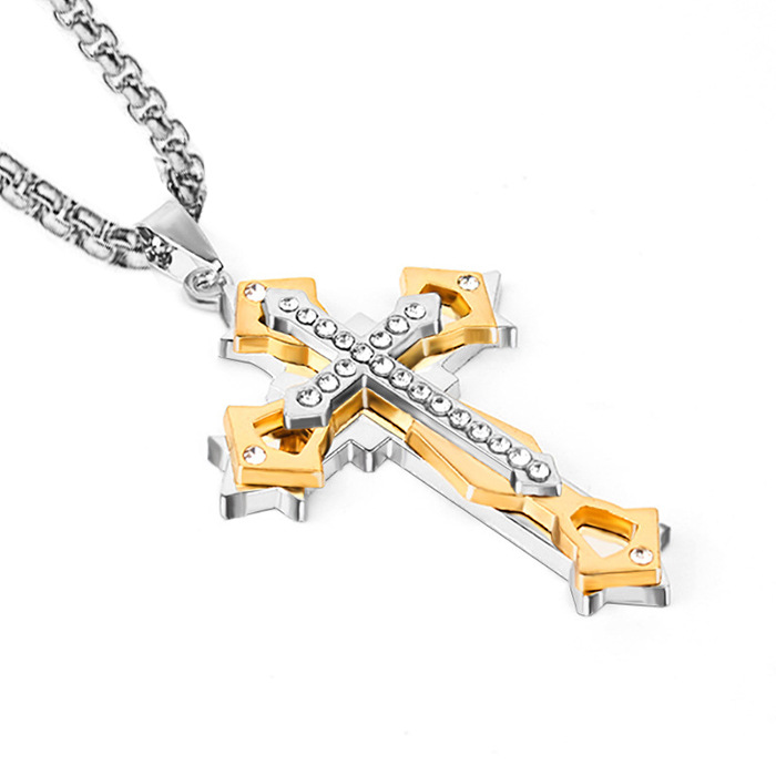 Collier unisexe en acier inoxydable moulé, orné d'une croix et de multiples diamants, style européen et américain, collection 2026 Foreign Trade._voghion.com