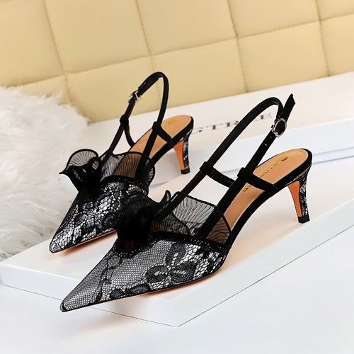 313-A5 Western and European Style Fashion Evening Women's Shoes High Heel Open Toe Pointed Toe Net Lace Flower Edge Hollow Strap Sandals
