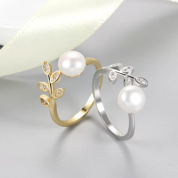 Freshwater Pearl Ring Fashion Korean Style Personalized Simple Leaf Open Ring Adjustable Empty Support Finished Wholesale Women