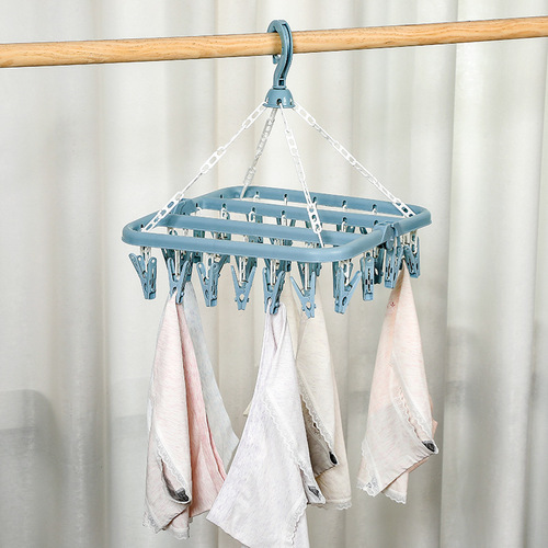 Multifunctional 32-clip clothes drying rack, adult clothes hanging, children's underwear and socks rack, magic folding clothes hanger, plastic clothes hanger