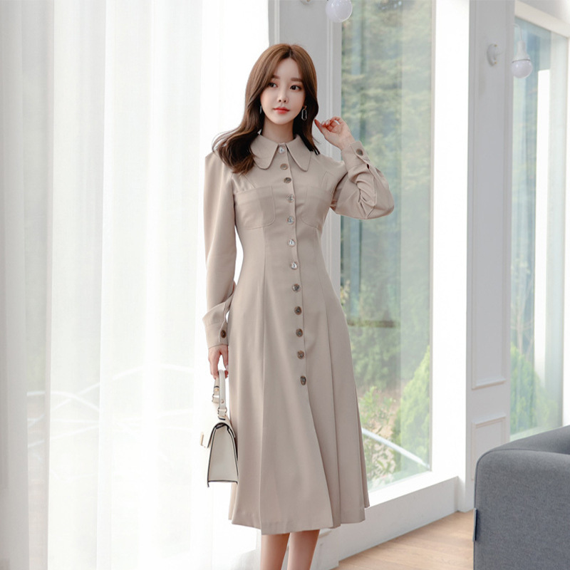 2022 Autumn New Korean Style Elegant Doll Collar Single-Breasted Waist-Slimming Mid-Length A-Line Dress for Women 2022 Autumn New Korean Style Elegant Doll Collar Single-Breasted Waist-Slimming Mid-Length A-Line Dress for Women