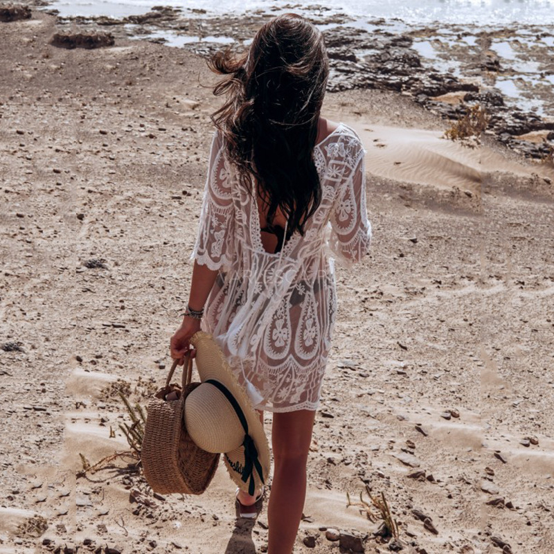 European and American Sexy Lace Embroidery Hollow Beach Women's Backless Casual Vacation Bikini Sunscreen Blouse