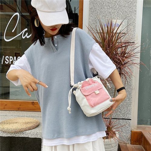 ins Japanese canvas crossbody bag  new style small fresh and cute internet celebrity student drawstring bucket shoulder bag for women