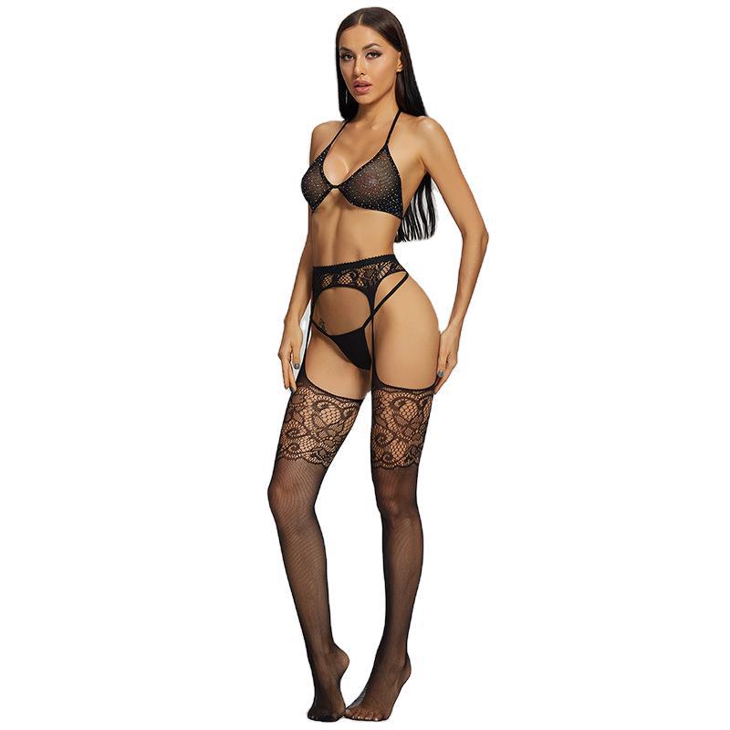 Popular de Europa y América de una sola pieza de entrega Yue mariposa sexy perspectiva hueco tentación fishnet calcetines rhinestone sujetador traje 6059