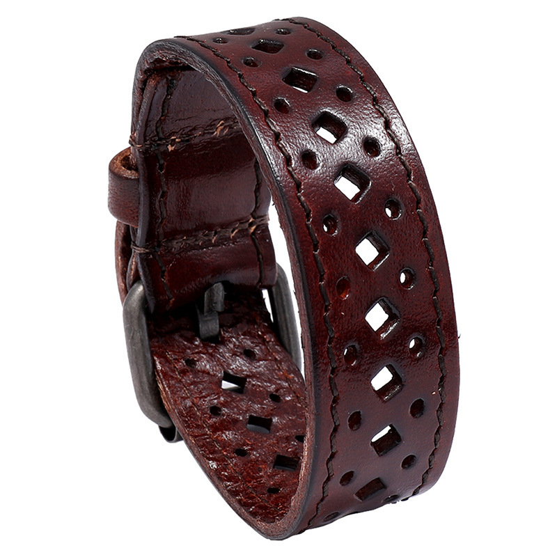 Cross-border Hot Hot European and American New Cowhide Bracelet Retro Hollow Men's Wide Leather Bracelet Personalized Riding Jewelry