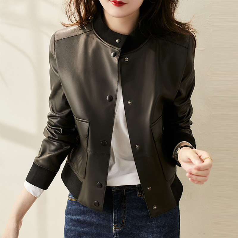 Factory Direct Sale 2024 New Model Haining Style Round Neck Ribbed Straight-Cut Genuine Sheepskin Leather Jacket for Women