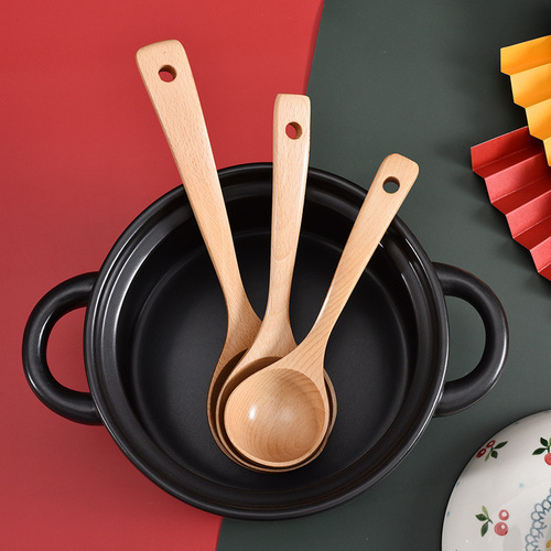 Beech wood household large soup wooden spoon for drinking soup, porridge and hot pot spoon creative wooden long handle large spoon