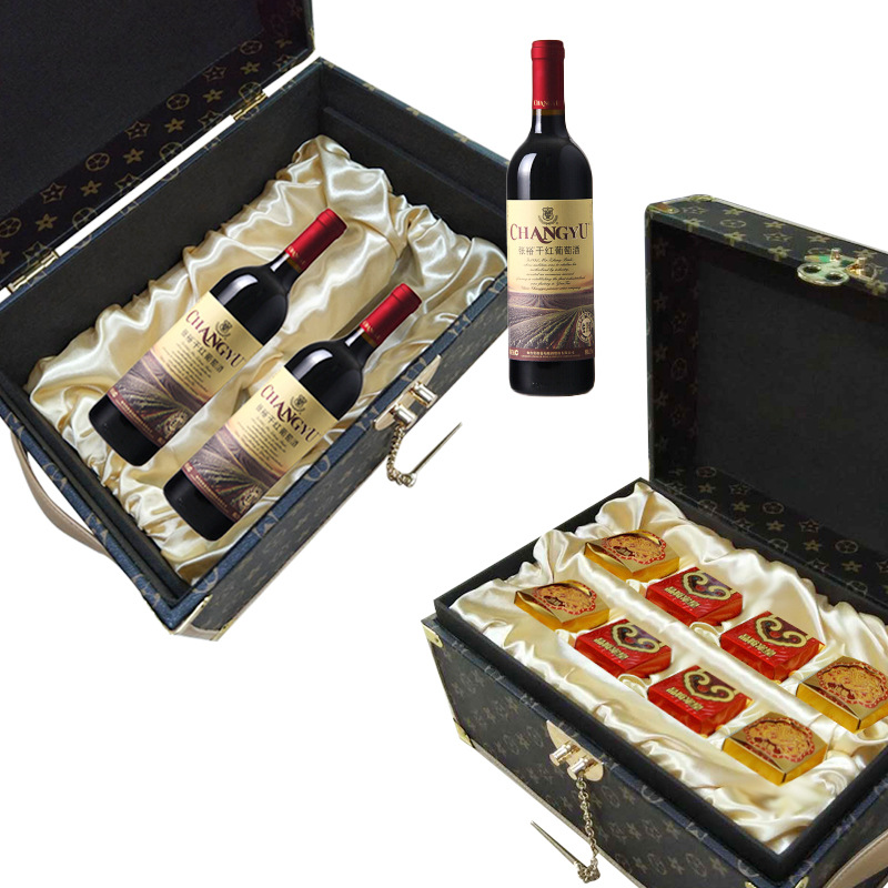 PU红酒月饼盒双支红葡萄酒礼盒中秋送礼包装盒 金属扣酒盒月饼盒