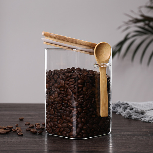Sealed jar household transparent glass storage jar food tea dried fruit coffee bean storage storage jar square with spoon