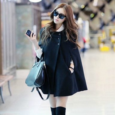 2025 Spring and Autumn Women's Korean Style Large Size Mid-Length Woolen Cape Coat Black Loose Shawl Coat for Women