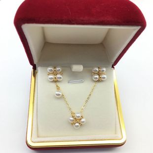 Fresh and Simple 4-Bead Flower Natural Freshwater Pearl Pendant Earring Set 14K Gold-Injected Ins Style Two-Piece Set