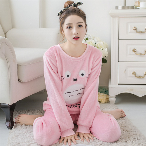 Winter New Women's Student Pajamas with Fleece and Thick Warmth Cute Cartoon Flannel Home Clothes
