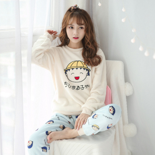 Winter New Women's Student Pajamas with Fleece and Thick Warmth Cute Cartoon Flannel Home Clothes