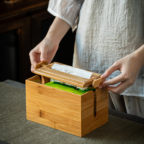 Bamboo handle tissue box Chinese light luxury home creative storage box roll paper tissue box factory direct sale