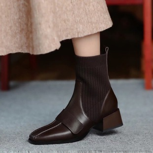 2025 Autumn/Winter Chunky Heel Leather Slim Boots High Heel Women's Boots Sock Boots Mid-Heel Women's Shoes Short Boots Cross-Border Export Women's Shoes