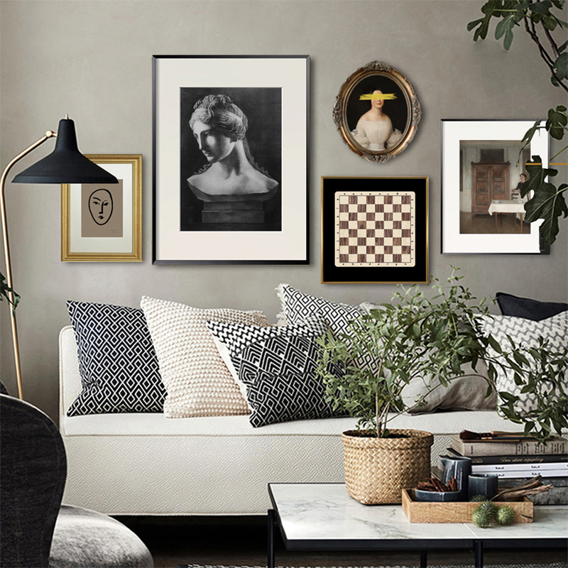 客厅欧式组合画沙发小众墙人物复古装饰画轻奢高档画铝合金实木框