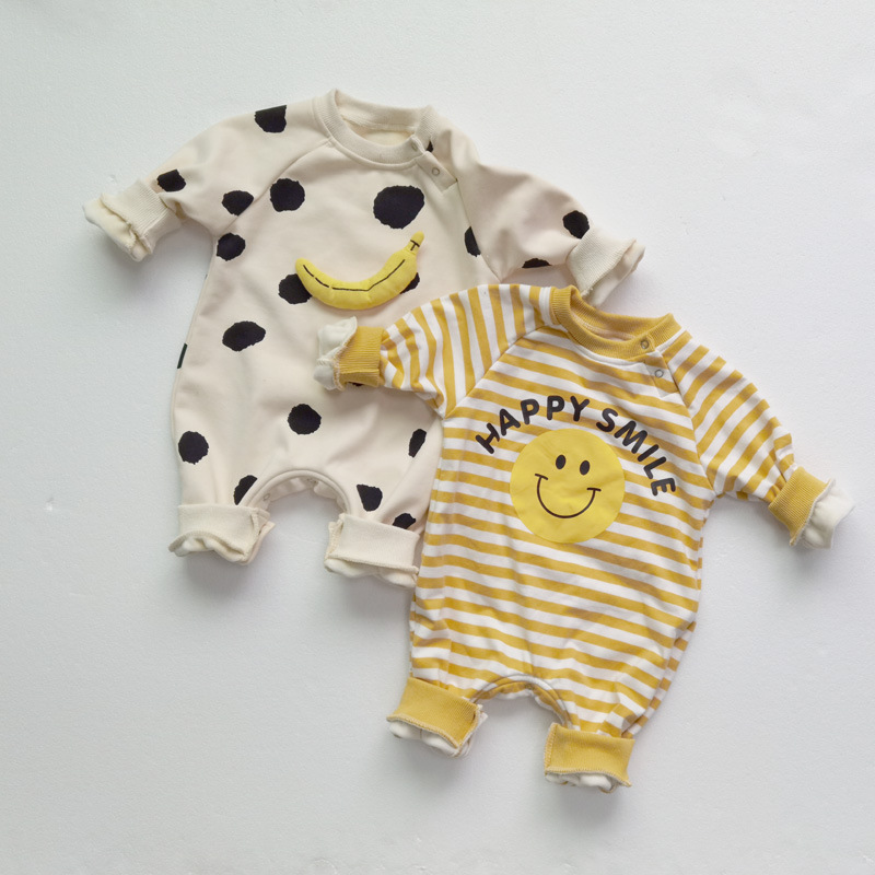 Korean style ins baby boys and girls polka dot banana striped smiley face thickened long sleeve jumpsuit romper