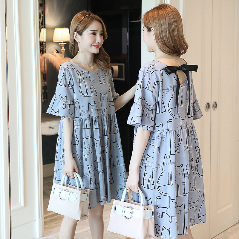 Pregnant women's dress summer top long cartoon kitten dress bow loose skirt pregnant women's spring and summer clothing