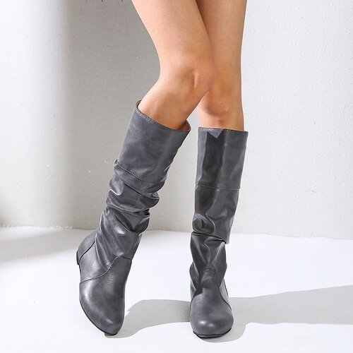 Women's 2018 Wish Large Size Boots, Pure Color Crepe Knee-High Leather Boots for European Station