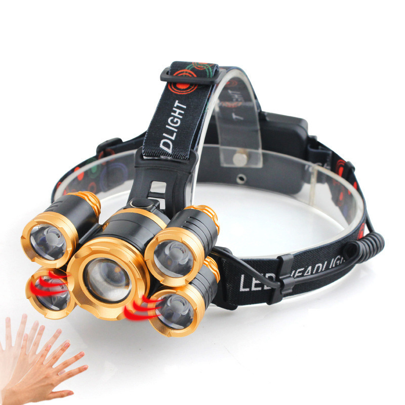 Transfronterizo nuevo 5led avión luz enfoque inducción T6 fuerte luz faro reflector impermeable batería de litio LUZ DE PESCA