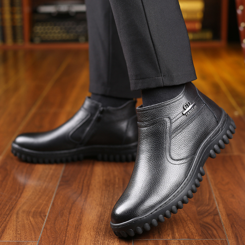 Invierno cuero genuino lana hombres zapatos acolchados de algodón capa superior de piel de vaca de alta-top forrado de lana caliente papá zapatos de cuero más el tamaño 45 zapatos de los hombres 46