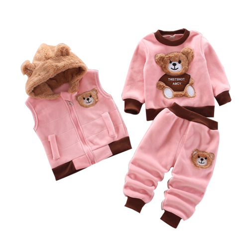  new autumn and winter Korean cartoon children's clothing for boys and girls plus plush bear three-piece children's suit