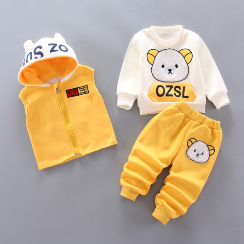  new autumn and winter Korean cartoon children's clothing for boys and girls plus plush bear three-piece children's suit